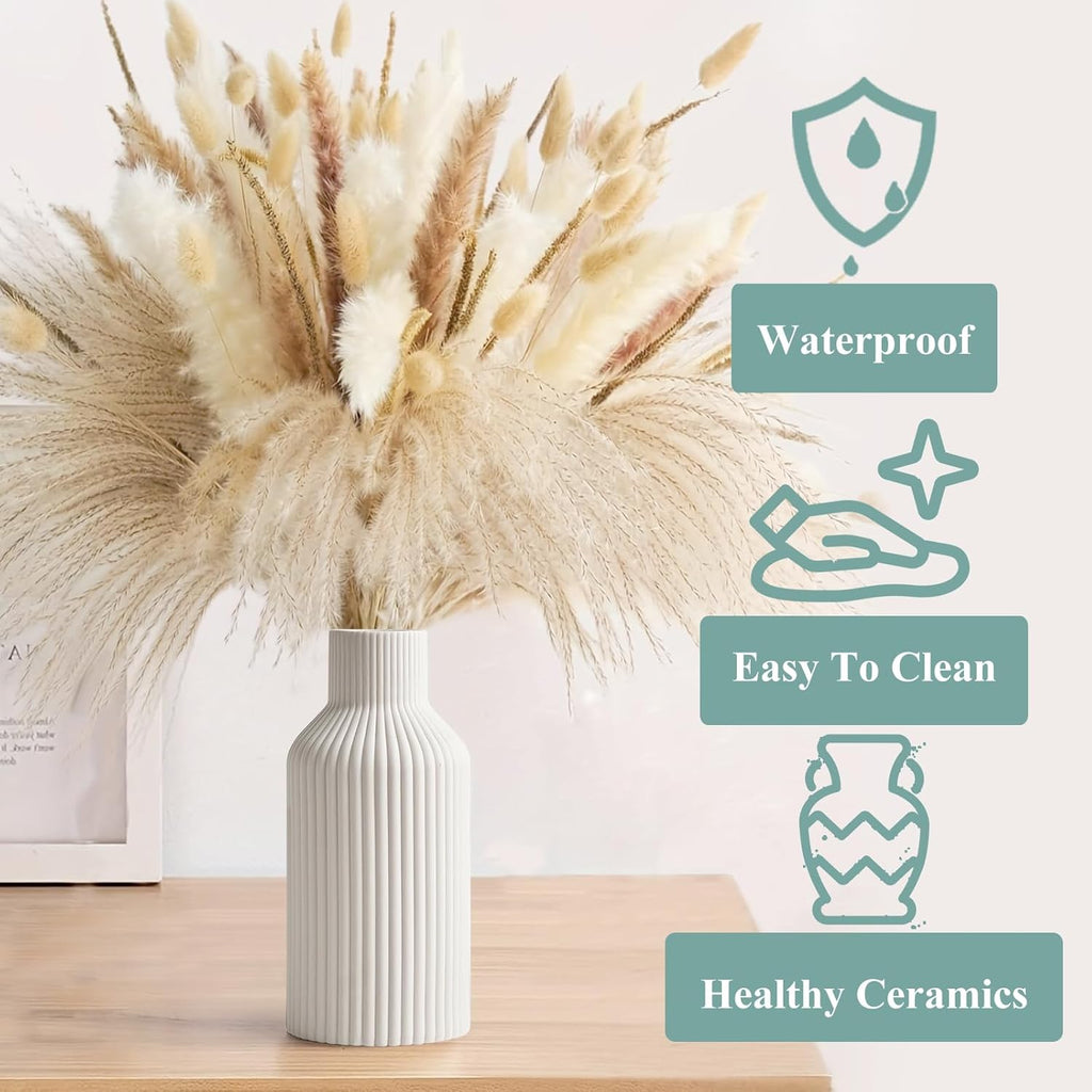 Vase En Céramique Blanc, Vase Pour L'Herbe De La Pampa, Boho Style Nordique, Pour Salon, L'Entrée, Le Bureau, Blanc