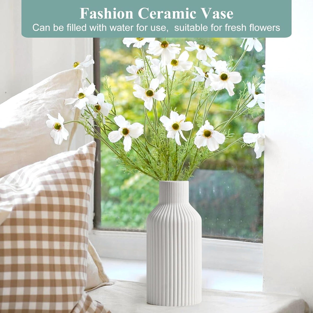 Vase En Céramique Blanc, Vase Pour L'Herbe De La Pampa, Boho Style Nordique, Pour Salon, L'Entrée, Le Bureau, Blanc